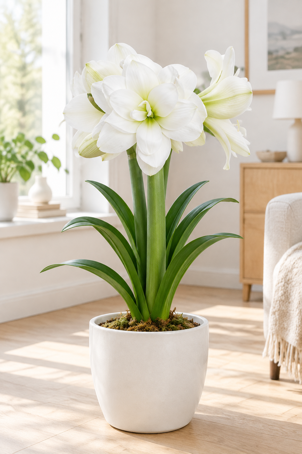 White Symphony amaryllis in a pot in a bright interior