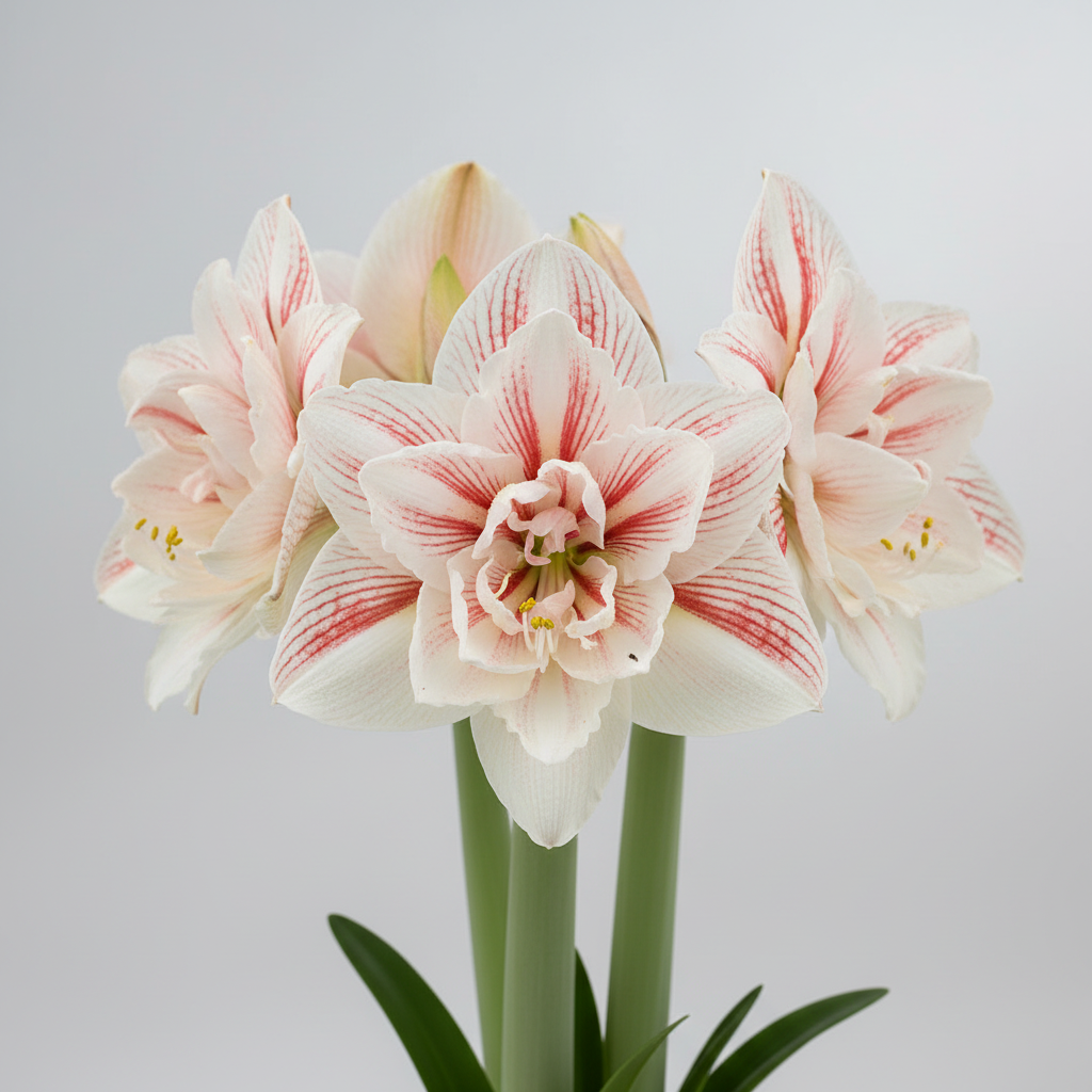 Aquaro Dutch amaryllis double blooms in creamy white with rich red-pink veining on tall stems