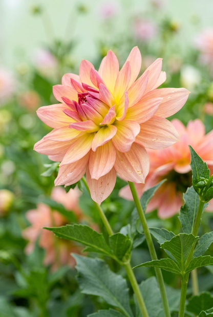 Side-angle view showing Melody Dora dahlia's layered salmon-pink and yellow petals
