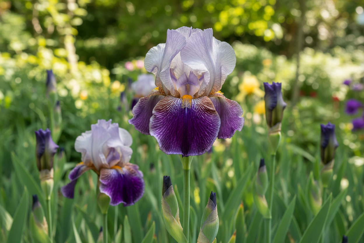 Off Topic Tall Bearded Iris blooming in a lush garden with bluish-gray and purple flowers