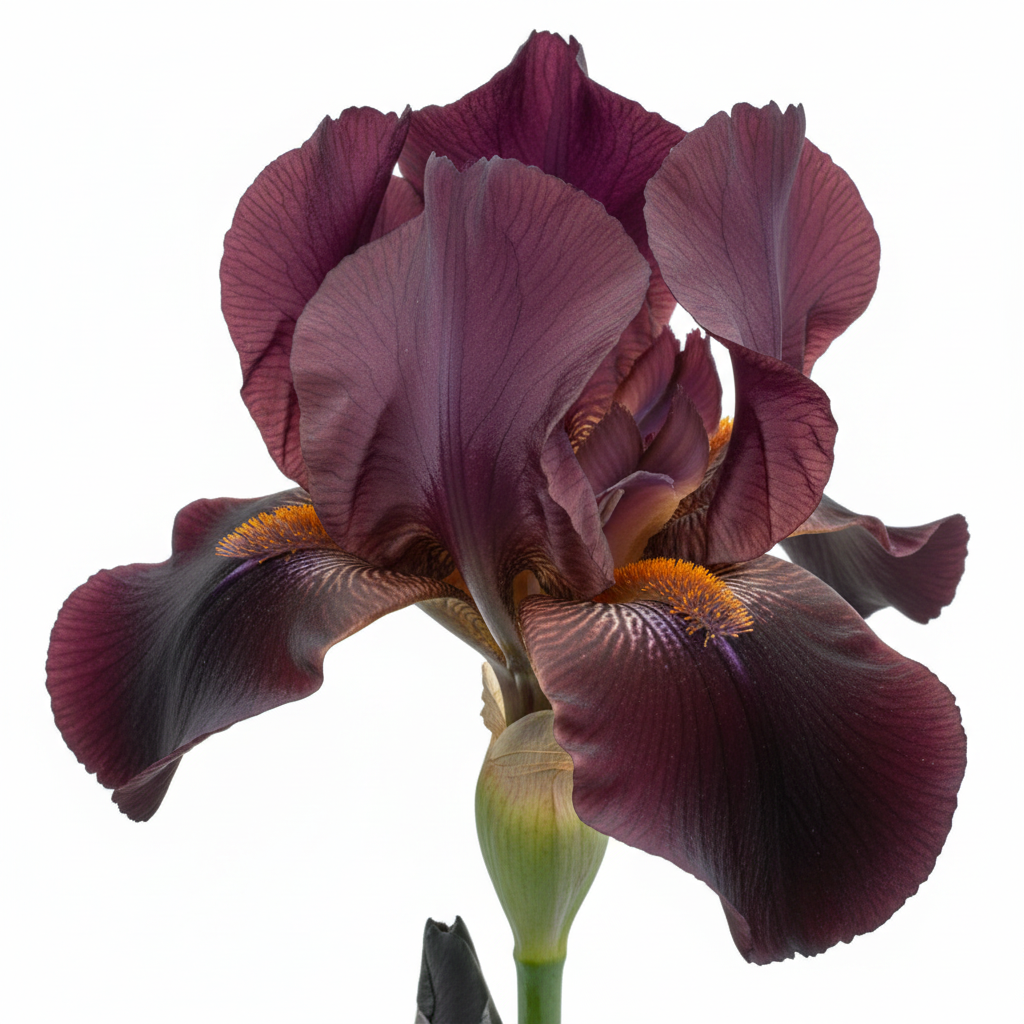 Outspoken Tall Bearded Iris — deep burgundy-purple blooms with vivid orange beards, white background