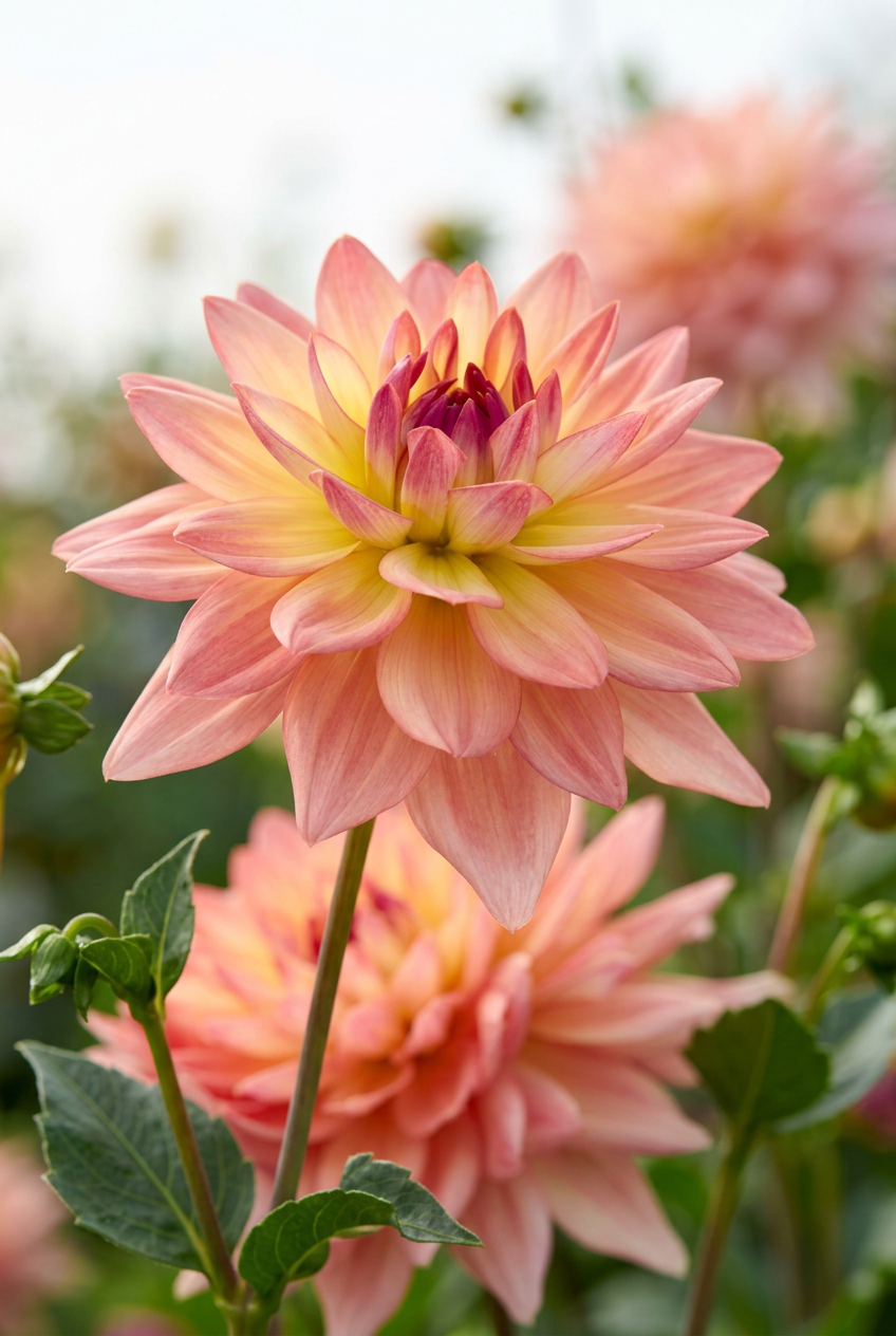 Melody Dora dahlia at a natural three-quarter angle with salmon-pink petals and a buttery yellow heart