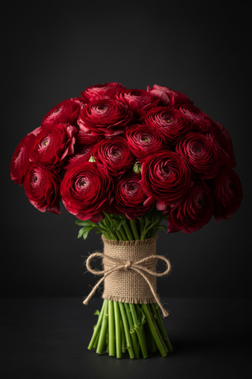 Lush bouquet of Tecolote Merlot ranunculus in deep wine-red magenta