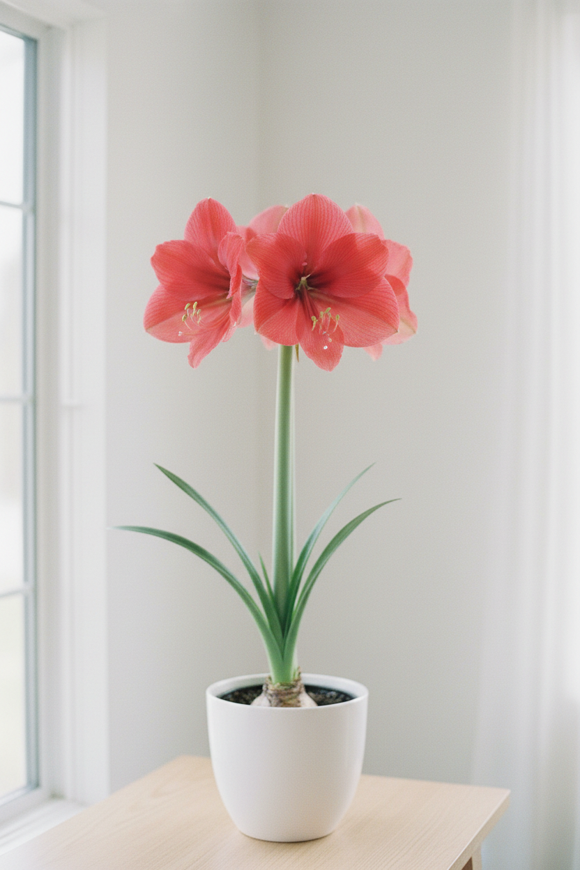 Pink Surprise amaryllis vivid hot pink blooms in bright interior