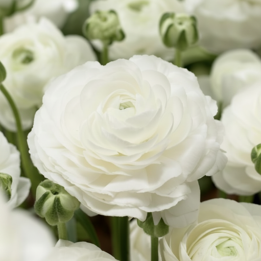 Aviv White ranunculus — large peony-shaped pure white bloom with green stems and buds