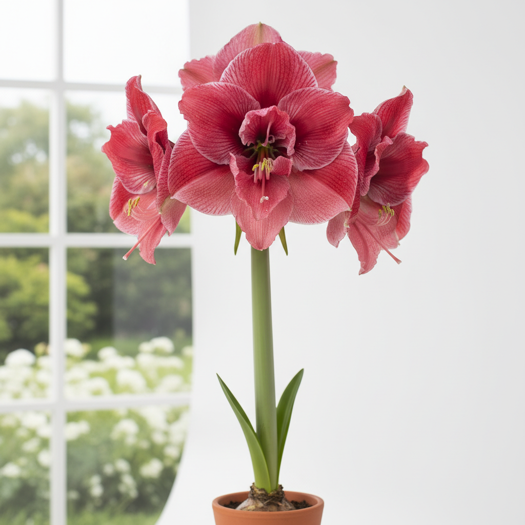 Pink Surprise amaryllis jumbo bulb in full bloom with large deep pink ruffled flowers on tall stem