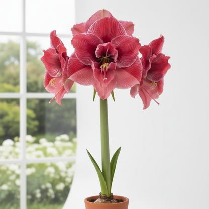 Pink Surprise amaryllis jumbo bulb in full bloom with large deep pink ruffled flowers on tall stem