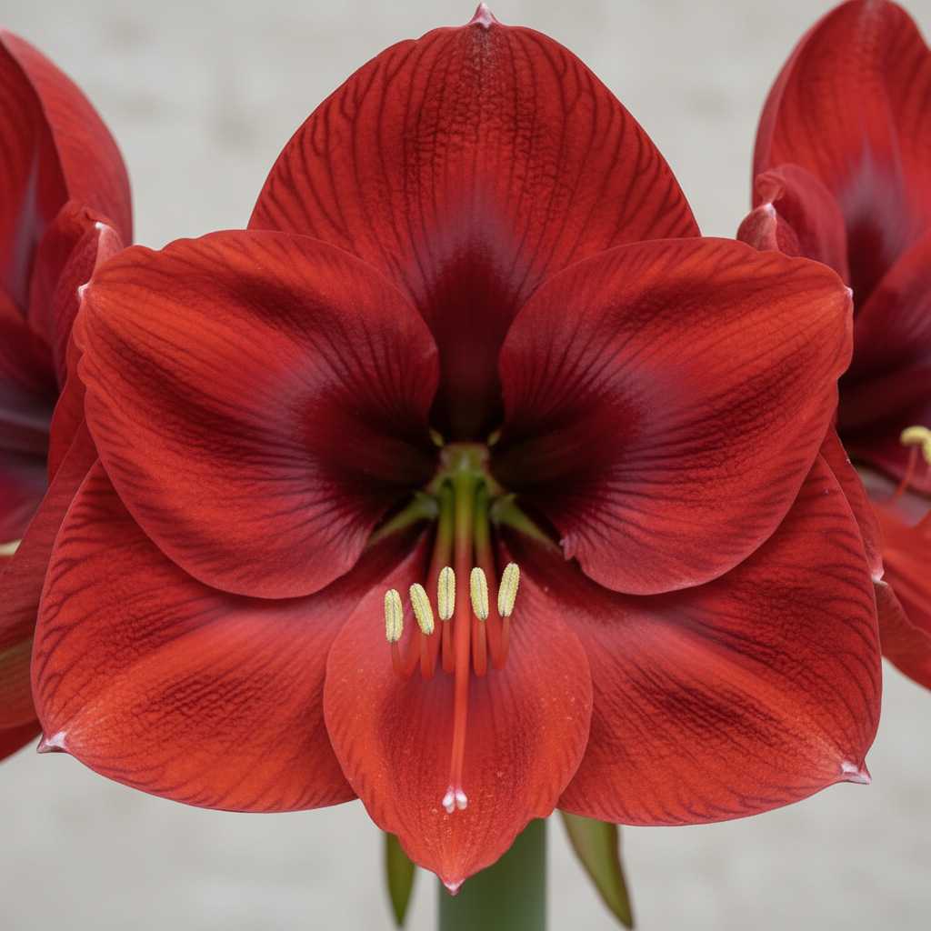 Amaryllis Dutch Red Lion – close-up of velvety deep red bloom with chartreuse-green throat