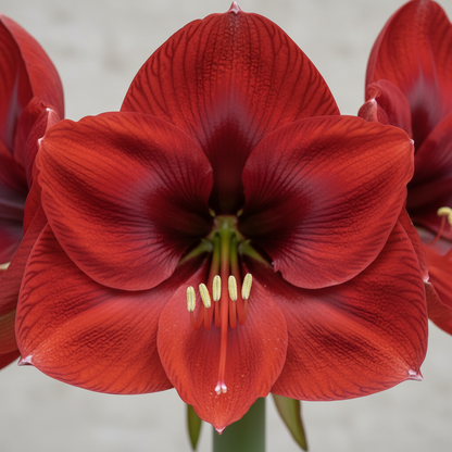 Amaryllis Dutch Red Lion – close-up of velvety deep red bloom with chartreuse-green throat