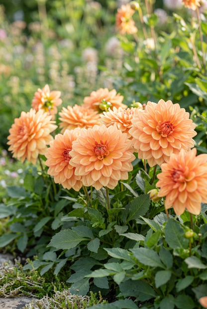 Apricot-peach Go Go Peach dahlias in a sunny garden border