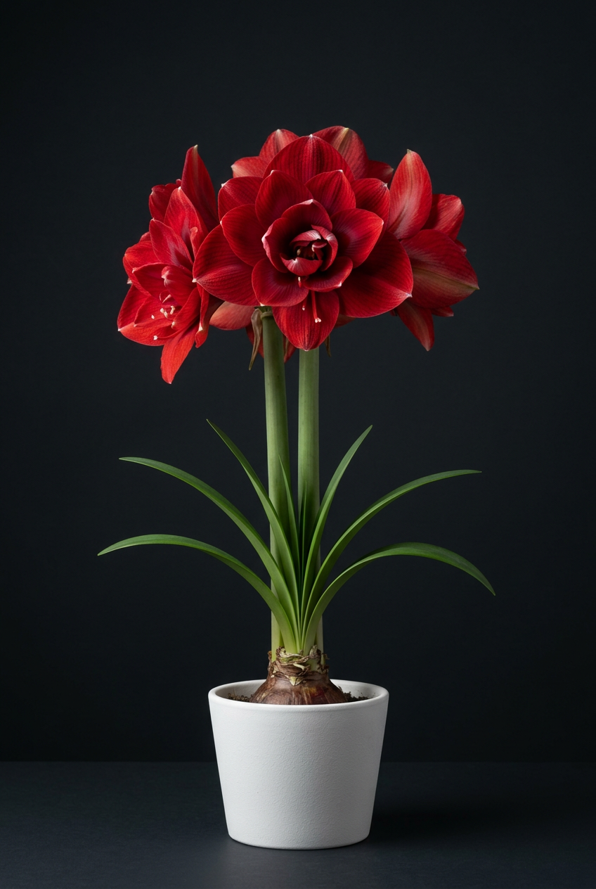 Double King amaryllis with layered double crimson flowers in a white pot against a charcoal background