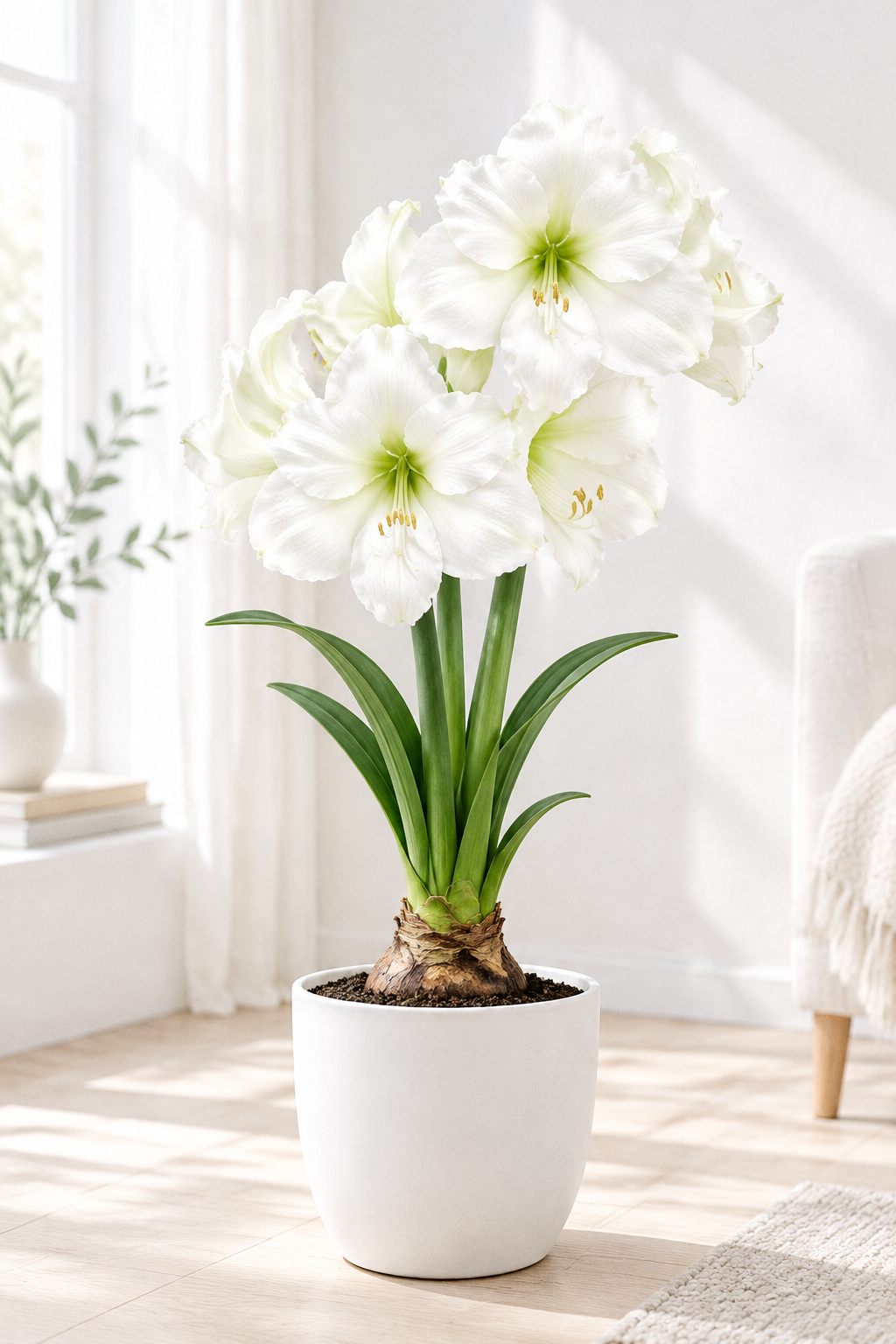 Christmas Gift white amaryllis in a pot in a bright interior