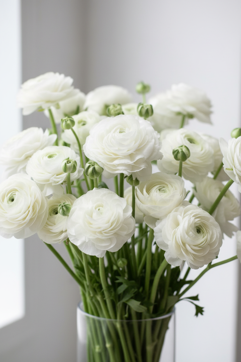 Lush bouquet of Aviv White ranunculus in pure white with green stems