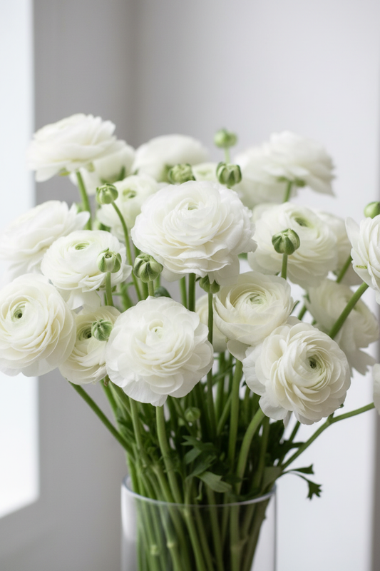 Lush bouquet of Aviv White ranunculus in pure white with green stems