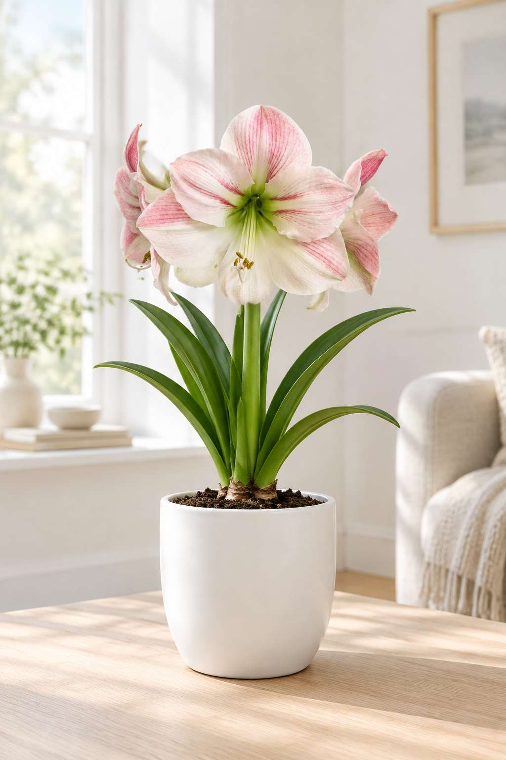 Apple Blossom amaryllis with pink-veined white flowers in a bright interior