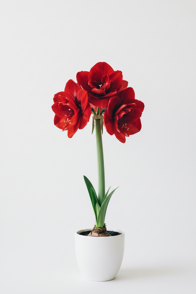 Dutch Double King amaryllis in white pot with bright clean background
