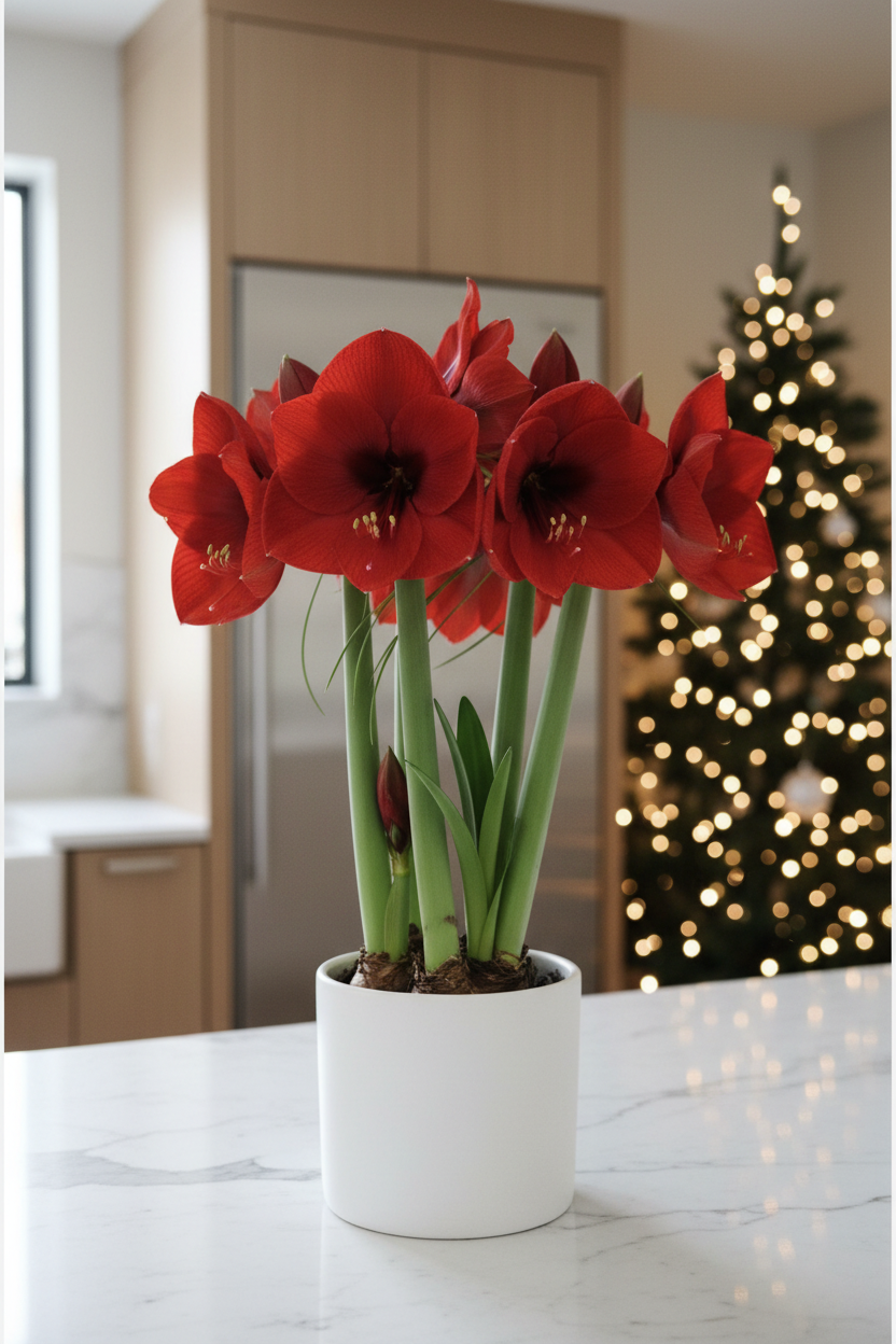 Amaryllis Dutch Red Lion – bold velvety red blooms in a white kitchen with muted Christmas tree