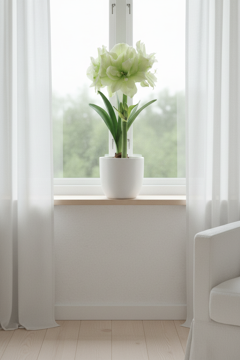 Marilyn amaryllis on bright Scandinavian windowsill