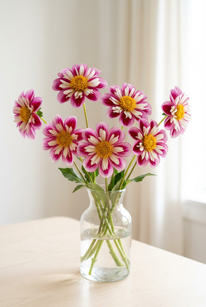Bumble Rumble dahlias in a clear glass vase beside a bright window