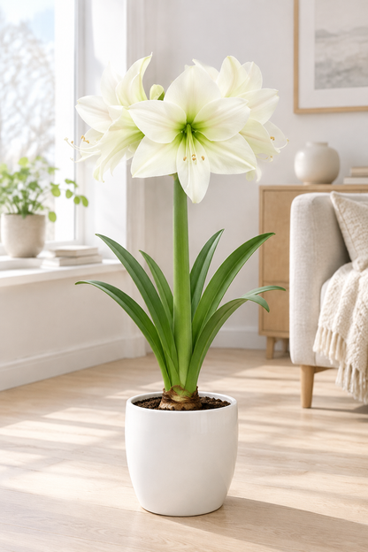 Mount Everest amaryllis in a pot in a bright interior