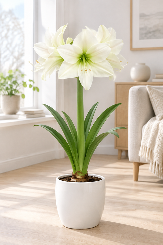 Mount Everest amaryllis in a pot in a bright interior
