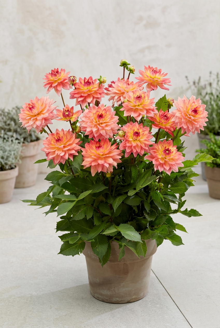 Mature Melody Dora dahlia growing in a patio pot, planting inspiration