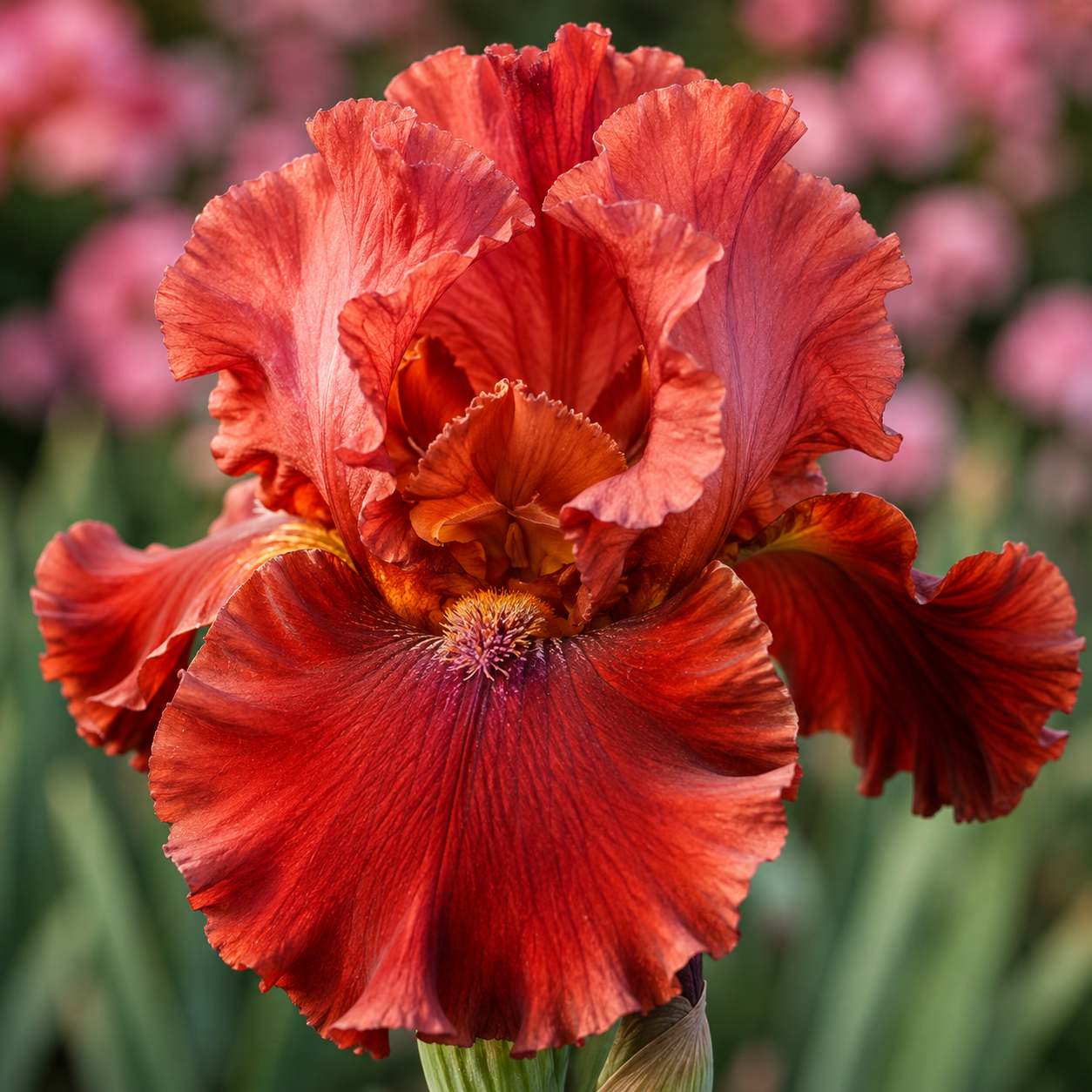 A close-up of a ruffled iris flower in vivid red-orange tones, with blurred pink flowers and green foliage in the background.