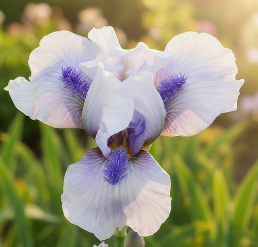 A close-up of a light purple and white iris flower with vibrant purple centers, surrounded by green leaves and a blurred natural background.