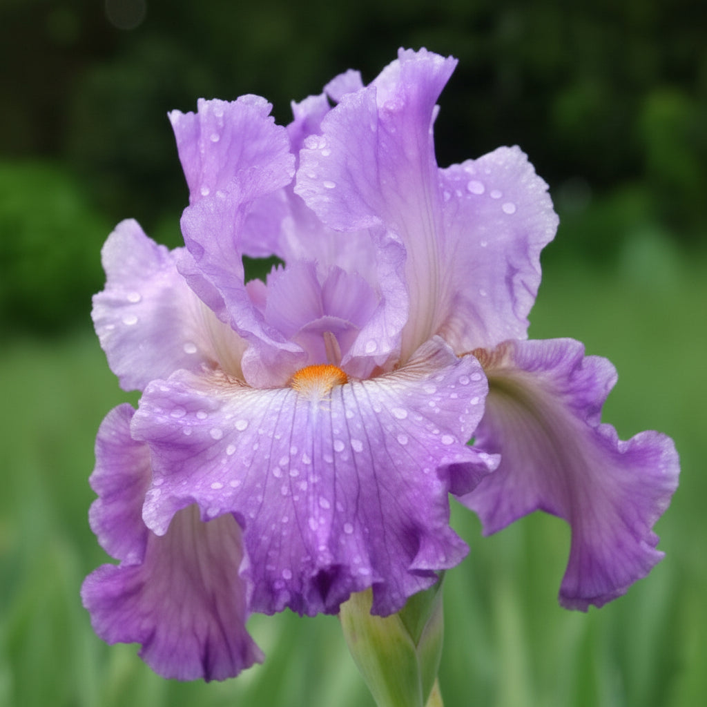 A close-up of a purple iris flower with ruffled petals and a small orange center, set against a blurred green background from Blue Buddha Farm. 