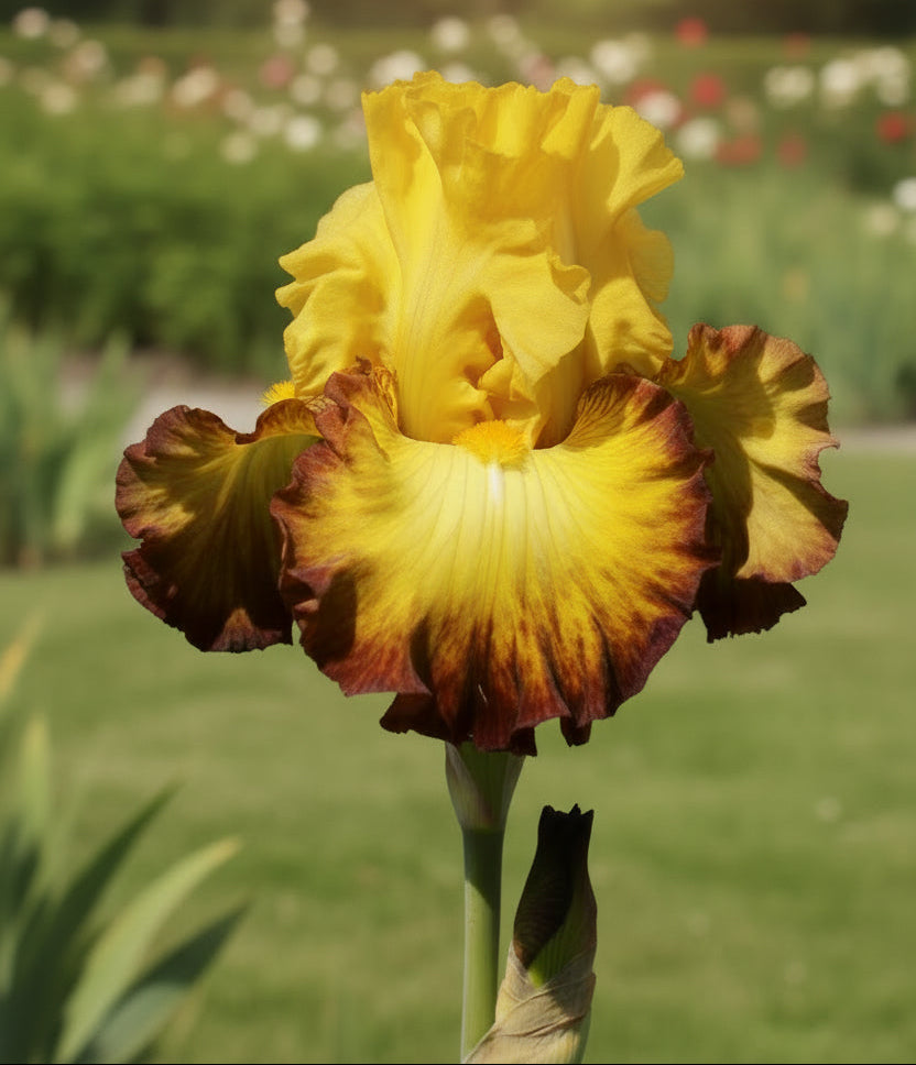 A close-up of a yellow iris flower with dark reddish-purple ruffled edges, set against a blurred green garden background. from Blue Buddha Farm.