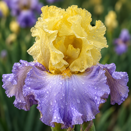 Bearded iris Swedish Lullaby with ruffled yellow standards and lavender-purple falls, featuring a delicate bicolor bloom.