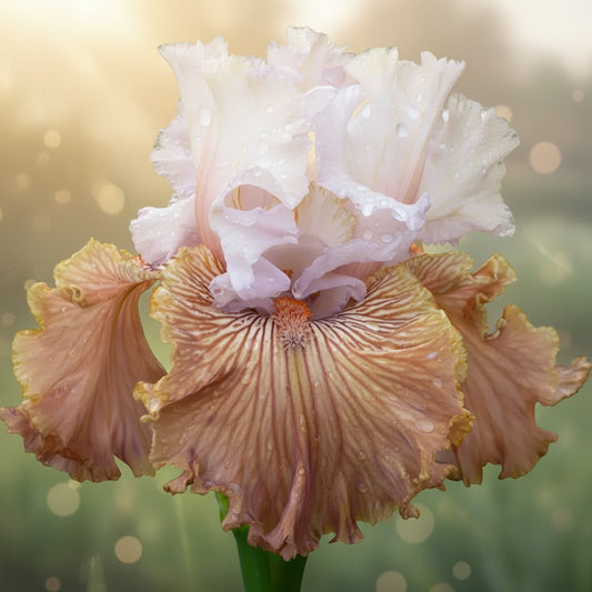 Close-up of a white and beige bearded iris flower with green leaves in the background.