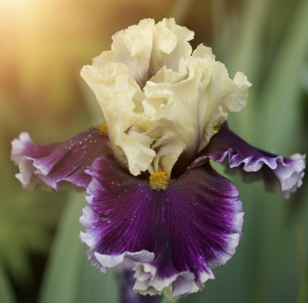 A close-up of a ruffled iris flower with pale creamy yellow upper petals and deep purple lower petals with white edging, set against a blurred green background.