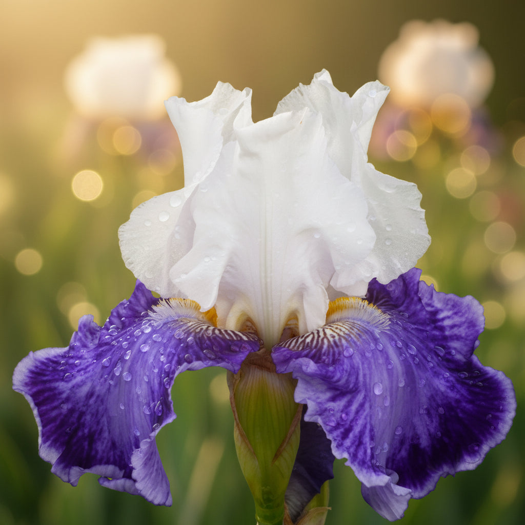 A close-up of a white and deep purple iris flower with green leaves and stems in the background. The text 'Schreiner's Iris Gardens' is visible on the left side.