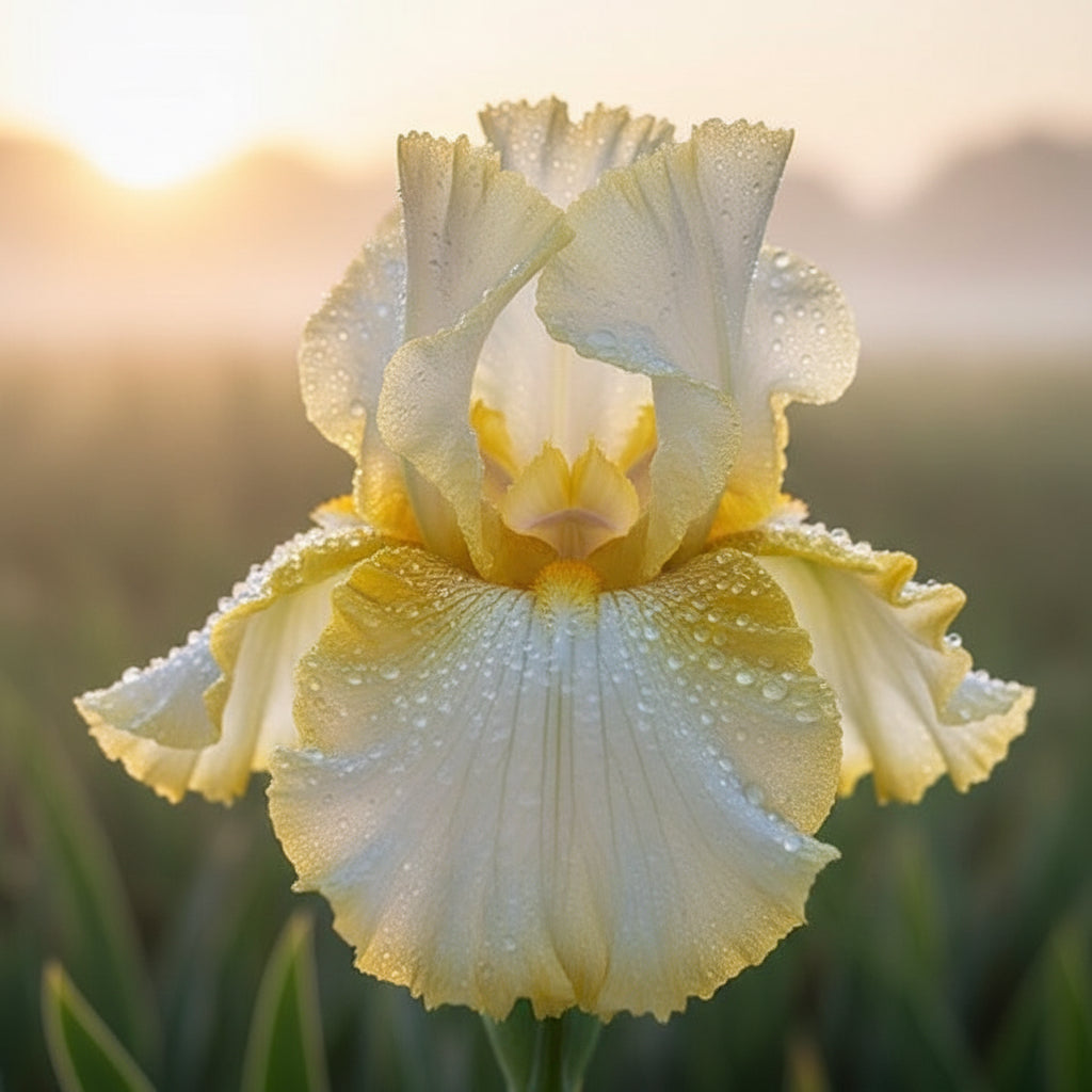 A close-up of a pale yellow and white iris flower in a field, with green leaves and a blue sky in the background.