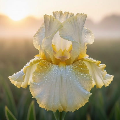 A close-up of a pale yellow and white iris flower in a field, with green leaves and a blue sky in the background.