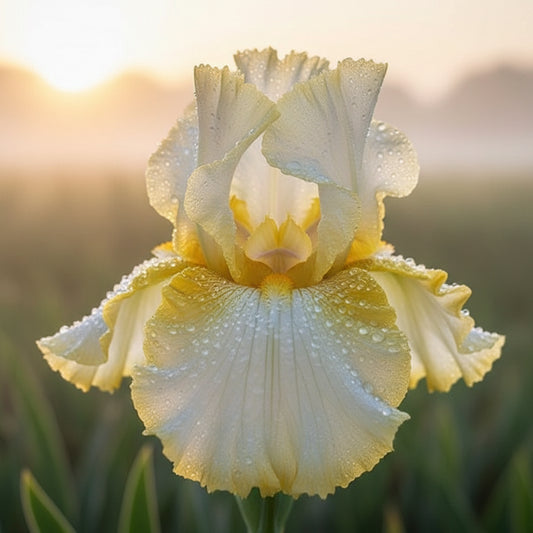 A close-up of a pale yellow and white iris flower in a field, with green leaves and a blue sky in the background.