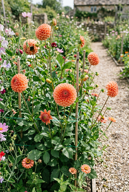 A garden bed filled with blooming orange dahlia flowers and green foliage, with a gravel path and stone walls in the background.
