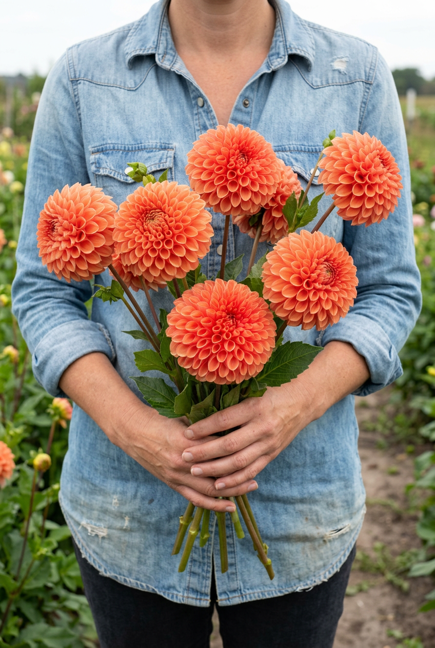A person in a light blue denim shirt holds a bouquet of vibrant orange-coral dahlia flowers in a garden field.