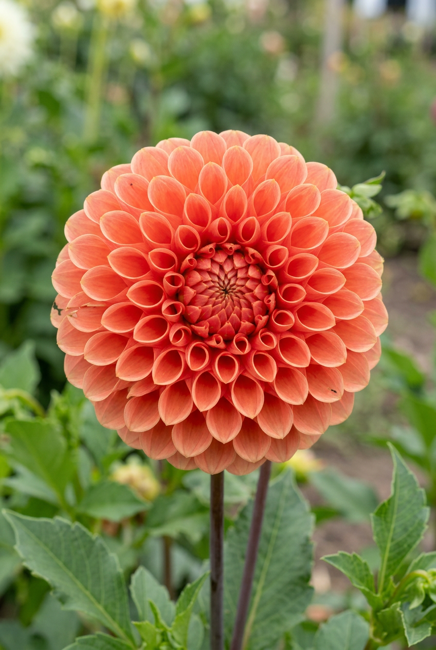 A single large dahlia flower in a warm coral-orange color, shown in full bloom on a garden plant with green leaves and a softly blurred background.