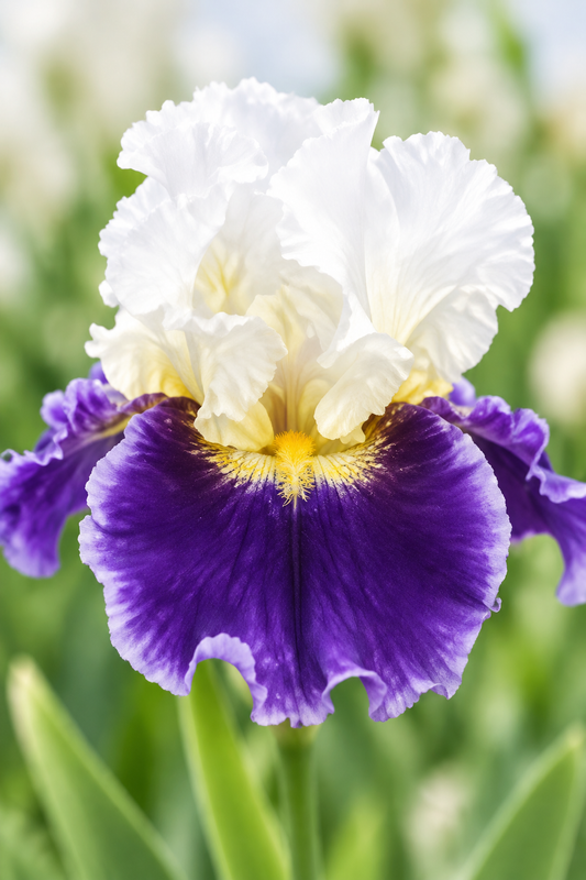 King's Gambit Tall Bearded Iris with ruffled white standards and deep purple falls, accented by a golden-yellow beard.