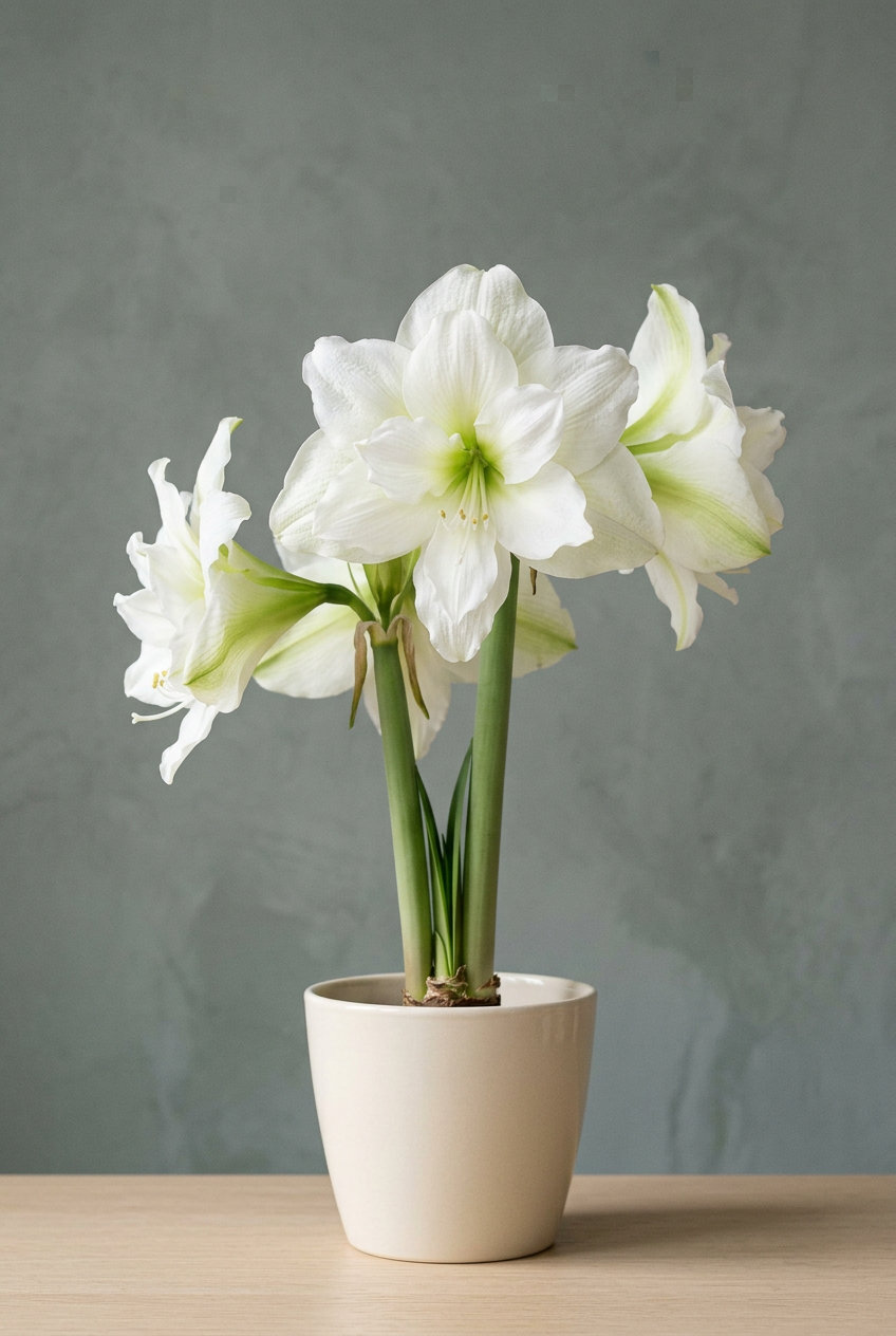 Marilyn amaryllis hero image with a muted sage-gray background
