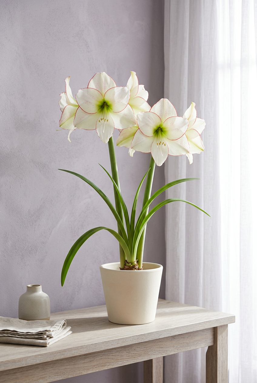 Picotee amaryllis windowside lifestyle image