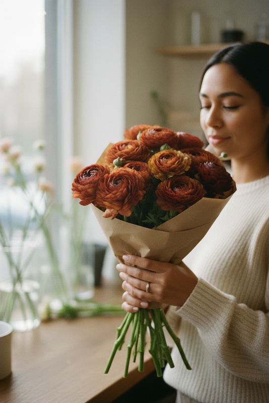Woman holding Picotee Cafe ranunculus bouquet in kraft paper