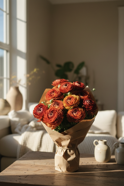Picotee Cafe ranunculus in warm interior light