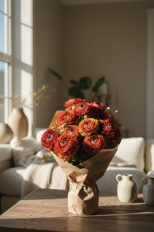 Picotee Cafe ranunculus in warm interior light