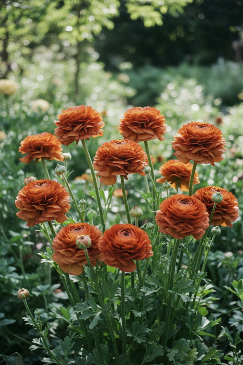 Picotee Cafe ranunculus growing in cottage garden