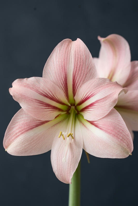 River Dance amaryllis hero with a deep slate-blue background