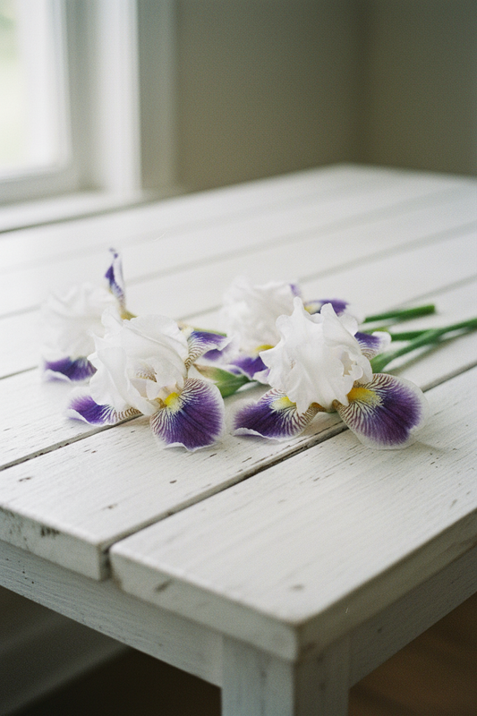 Riveting Iris on Whitewashed Table