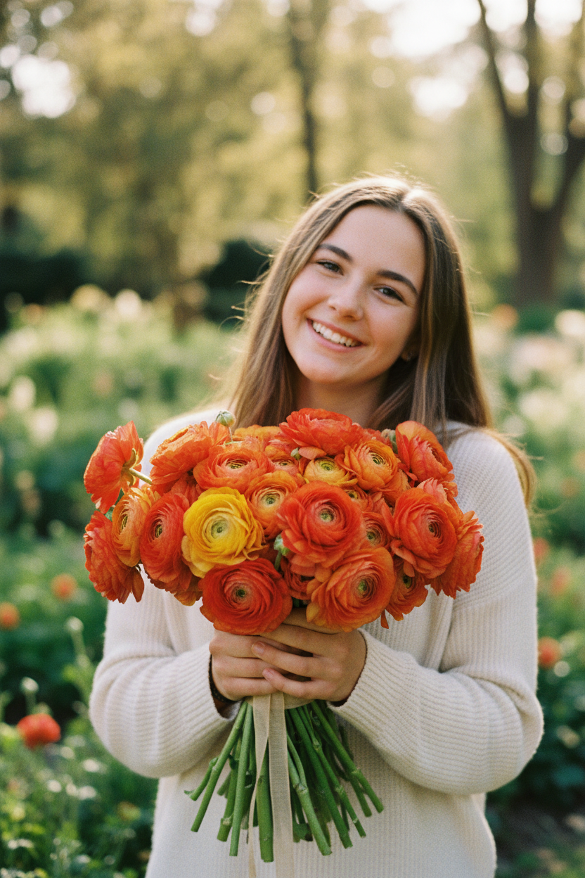 Ranunculus bouquet with Tecolote Flamenco blooms in layered orange, red, and yellow petals, tied with green stems